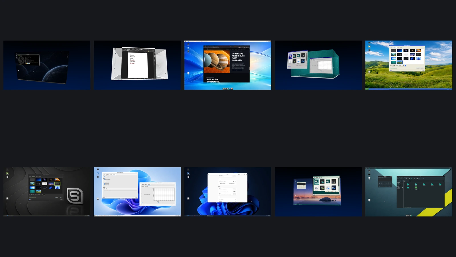 Spaced Linux theme chooser displayed across the Compiz workspace cube